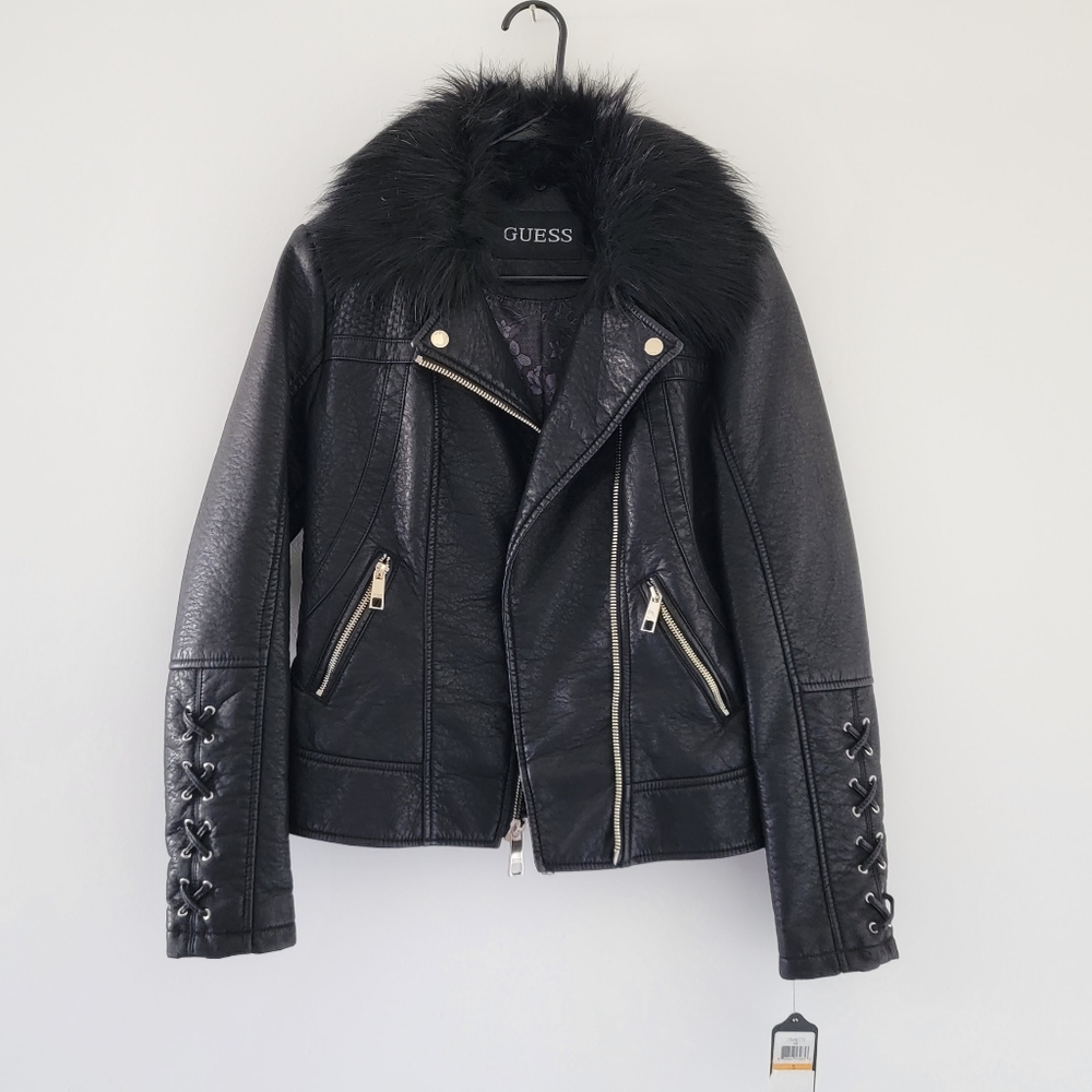 Guess Black Faux Leather & Removable Faux Fur Collar Moto Jacket